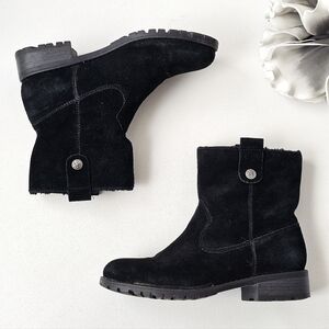 Bjorndal Aspen Black Suede Sherpa Lined Ankle Boots Lug Sole Comfort Sz 7